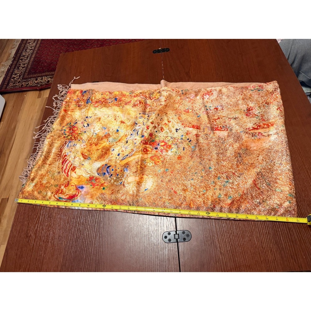 100% Silk Impressionist Art Print Scarf Fringed Shawl Gold Floral Wrap - Picture 4 of 6